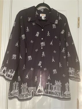Talbots Black Button-Up Tunic with White Paris Print